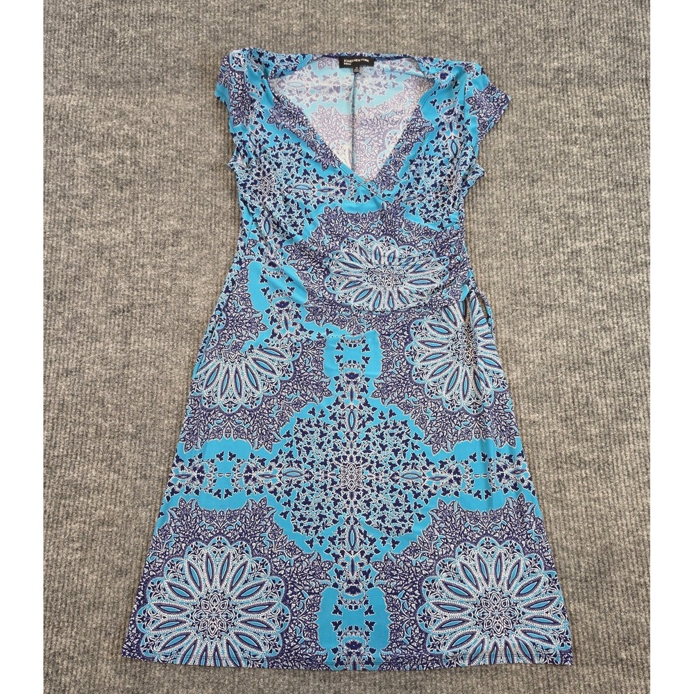 Jones New York Dress 14 Blue Purple Faux Wrap Medallion Pattern Cap Sleeve